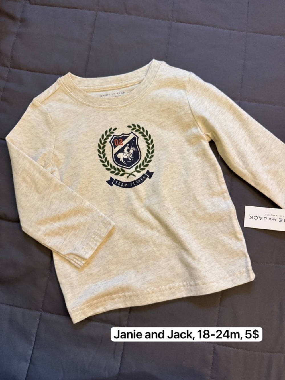 Janie and Jack Cream Long-Sleeve Tee with Navy and Green Crest